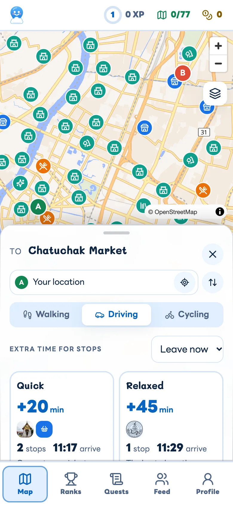 Giggles Maps planning a trip to Chatuchak Market: Quick +20 min, Relaxed +45 min and Day out +2 h, each with its stops